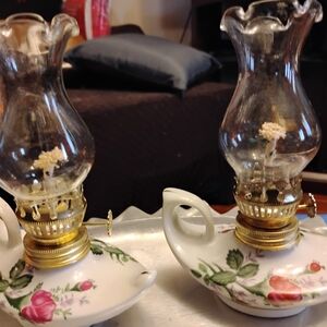 Vintage Floral Ceramic Oil Lamps with Gold Trim